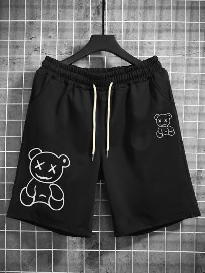 Manfinity Homme Men's Casual Bear Print Drawstring Waist Shorts Summer Graphic Funny Boyfriend Gift