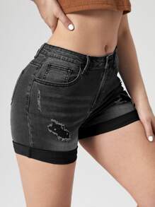 破洞卷邊牛仔短褲 - 深灰色 - 查看 3