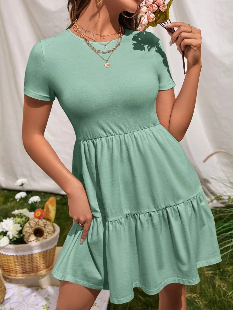 SHEIN VCAY Ruffle Hem Solid Dress - Cadet Blue - View 1