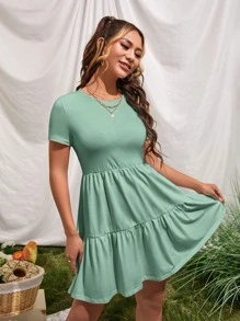 SHEIN VCAY Ruffle Hem Solid Dress - Cadet Blue - View 3