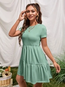 SHEIN VCAY Ruffle Hem Solid Dress - Cadet Blue - View 5