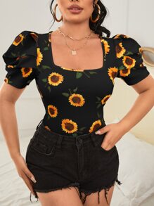 SHEIN Clasi Sunflower Print Puff Sleeve Blouse - Multicolor - View 3