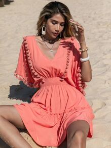 Rusttydustty Đầm viền lá sen POM Pom Viên lá sen Dải chun màu trơn Boho - Màu Hồng  Dưa hấu - Xem 1