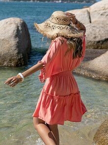 Rusttydustty Đầm viền lá sen POM Pom Viên lá sen Dải chun màu trơn Boho - Màu Hồng  Dưa hấu - Xem 2