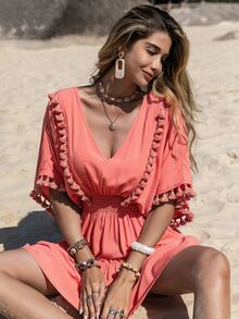 Rusttydustty Đầm viền lá sen POM Pom Viên lá sen Dải chun màu trơn Boho - Màu Hồng  Dưa hấu - Xem 6