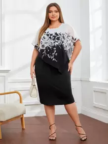 EMERY ROSE Vestido ajustado con estampado floral de manga capa - Blanco y Negro - Ver 1