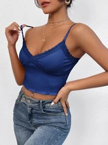 Muchica Áo hai dây Tương phản ren Gân đan màu trơn Giải trí - Màu xanh lam - Xem 6