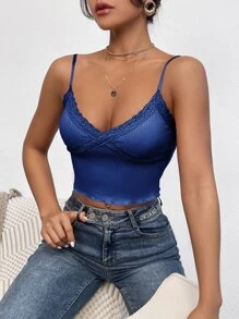 Muchica Áo hai dây Tương phản ren Gân đan màu trơn Giải trí - Màu xanh lam - Xem 3