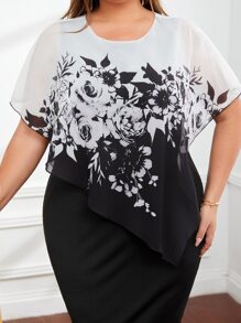 EMERY ROSE Vestido ajustado con estampado floral de manga capa - Blanco y Negro - Ver 5