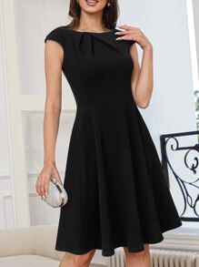 Plicated Detail Fit and Flare Dress - Black - View 4