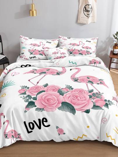 Flamingo Pattern Duvet Cover Set Without Filler Shein Asia Flamingo Pattern Duvet Cover Set, Bed Bath And Beyond King Single Duvet Covers