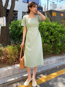 DAZY Square Neck Split Hem Tie Back Dress - Green - View 1