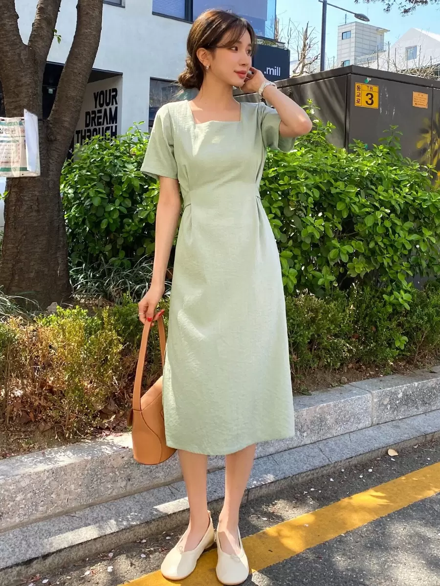 DAZY Square Neck Split Hem Tie Back Dress - Green - View 1