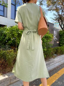 DAZY Square Neck Split Hem Tie Back Dress - Green - View 2