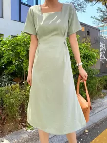 DAZY Square Neck Split Hem Tie Back Dress - Green - View 4