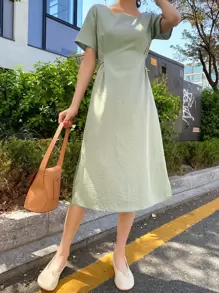 DAZY Square Neck Split Hem Tie Back Dress - Green - View 5