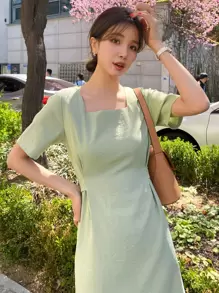 DAZY Square Neck Split Hem Tie Back Dress - Green - View 8