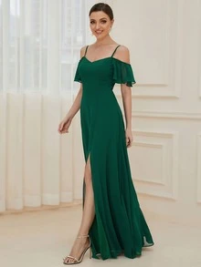 EVERPRETTY 优雅露肩雪纺长款伴娘礼服，适合婚礼和毕业典礼 - 墨綠色 - 查看 7