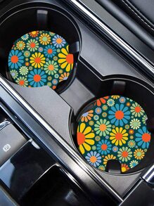 2入組彩色花卉印花汽車杯架墊 - 彩色 - 查看 1