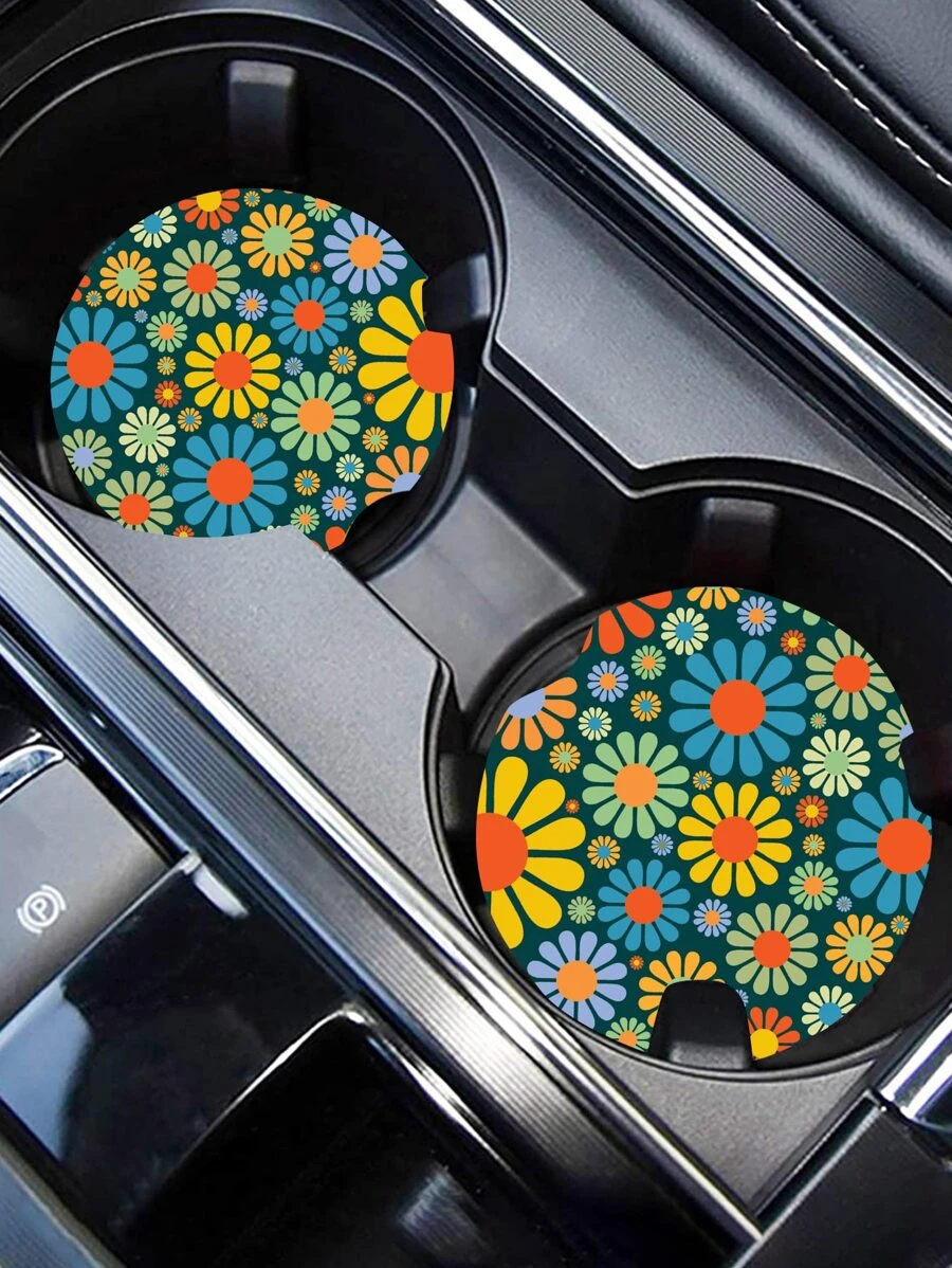 2入組彩色花卉印花汽車杯架墊 - 彩色 - 查看 1