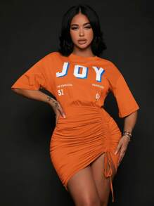 SHEIN SXY Letter Graphic Drop Shoulder Drawstring Front Fitted Dress - Orange - View 1