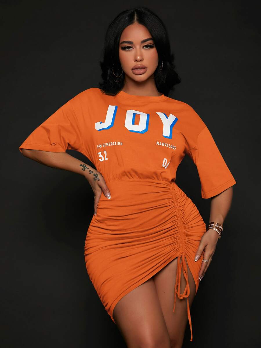 SHEIN SXY Letter Graphic Drop Shoulder Drawstring Front Fitted Dress - Orange - View 1