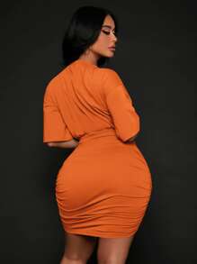 SHEIN SXY Letter Graphic Drop Shoulder Drawstring Front Fitted Dress - Orange - View 2