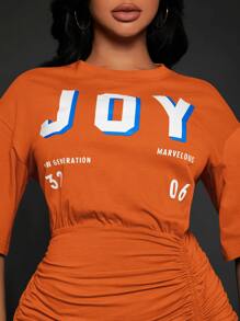 SHEIN SXY Letter Graphic Drop Shoulder Drawstring Front Fitted Dress - Orange - View 4