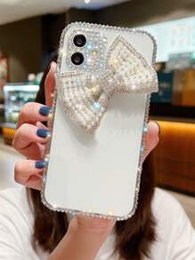 Faux Pearl & Rhinestone Bow Decor Clear Phone Case - Silver - View 5