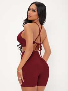 SHEIN SXY 繞頸鏤空後背繫帶緊身連身衣 - 酒紅色 - 查看 2