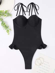 Phụ nữ một mảnh Xù màu trơn Gợi cảm - màu đen - Xem 4