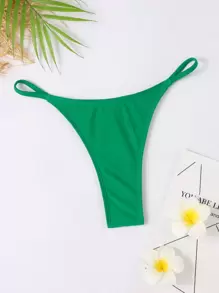 Solid Tanga Bikini Bottom, For Summer Beach Vacation - Green - View 1