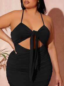 SHEIN SXY Plus Tie Front Cut Out Ruched Cami Dress - Black - View 3