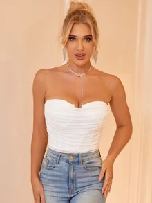 PARTHEA Pads Underwire Ruched Mesh Corset Tube Top - White - View 6