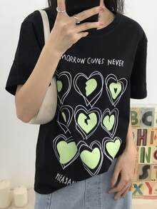 Letter & Heart Pattern Drop Shoulder Tee - Black - View 1