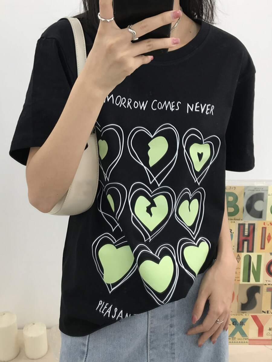 Letter & Heart Pattern Drop Shoulder Tee - Black - View 1