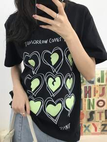 Letter & Heart Pattern Drop Shoulder Tee - Black - View 3