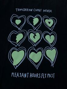 Letter & Heart Pattern Drop Shoulder Tee - Black - View 7
