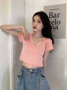 Kaos Crop Top Polos dengan Hiasan Selada - Coral Pink - View 1