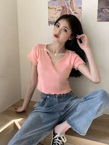 Kaos Crop Top Polos dengan Hiasan Selada - Coral Pink - View 3