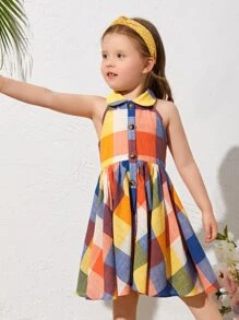 SHEIN 小女童格紋印花掛脖連衣裙 - 彩色 - 查看 3