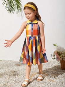 SHEIN 小女童格紋印花掛脖連衣裙 - 彩色 - 查看 4