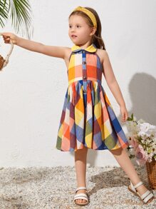 SHEIN 小女童格紋印花掛脖連衣裙 - 彩色 - 查看 6