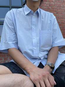 DAZY Áo sơ mi Nam Túi Nút phía trước màu trơn Giải trí - Màu xanh lam - Xem 5