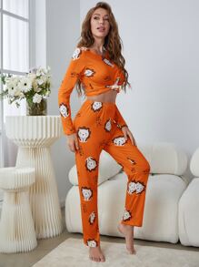 卡通和標語印花家居服套裝