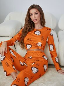 卡通和標語印花家居服套裝