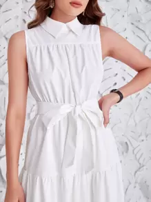 Mulvari Keyhole Back Ruffle Hem Belted Dress - White - View 3
