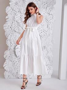 Mulvari Keyhole Back Ruffle Hem Belted Dress - White - View 4