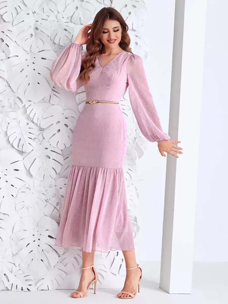 Modelyn Lantern Sleeve Ruffle Hem Dress Without Belt