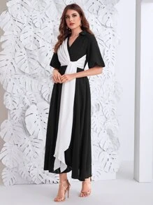 Mulvari Two Tone Draped Front Bishop Sleeve Dress - Black - View 2